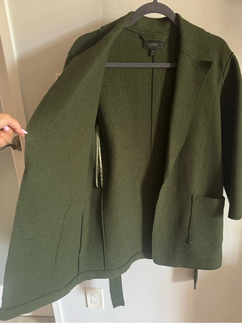 J. Crew Olive Moss Green Boiled Wool Warm Wrap Blazer Coat w Tie Belt Petite XS